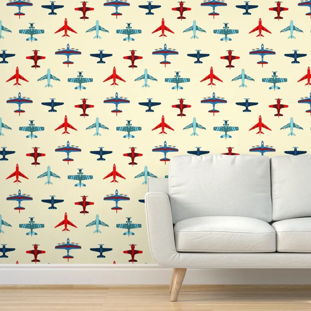Vintage Airplanes Peel and Stick Wallpaper - Red, Blue product