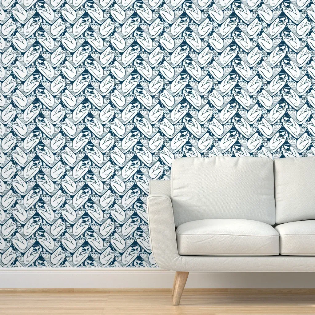 Vintage Art Deco Austrian Moser Mermaids Peel and Stick Wallpaper - Navy product