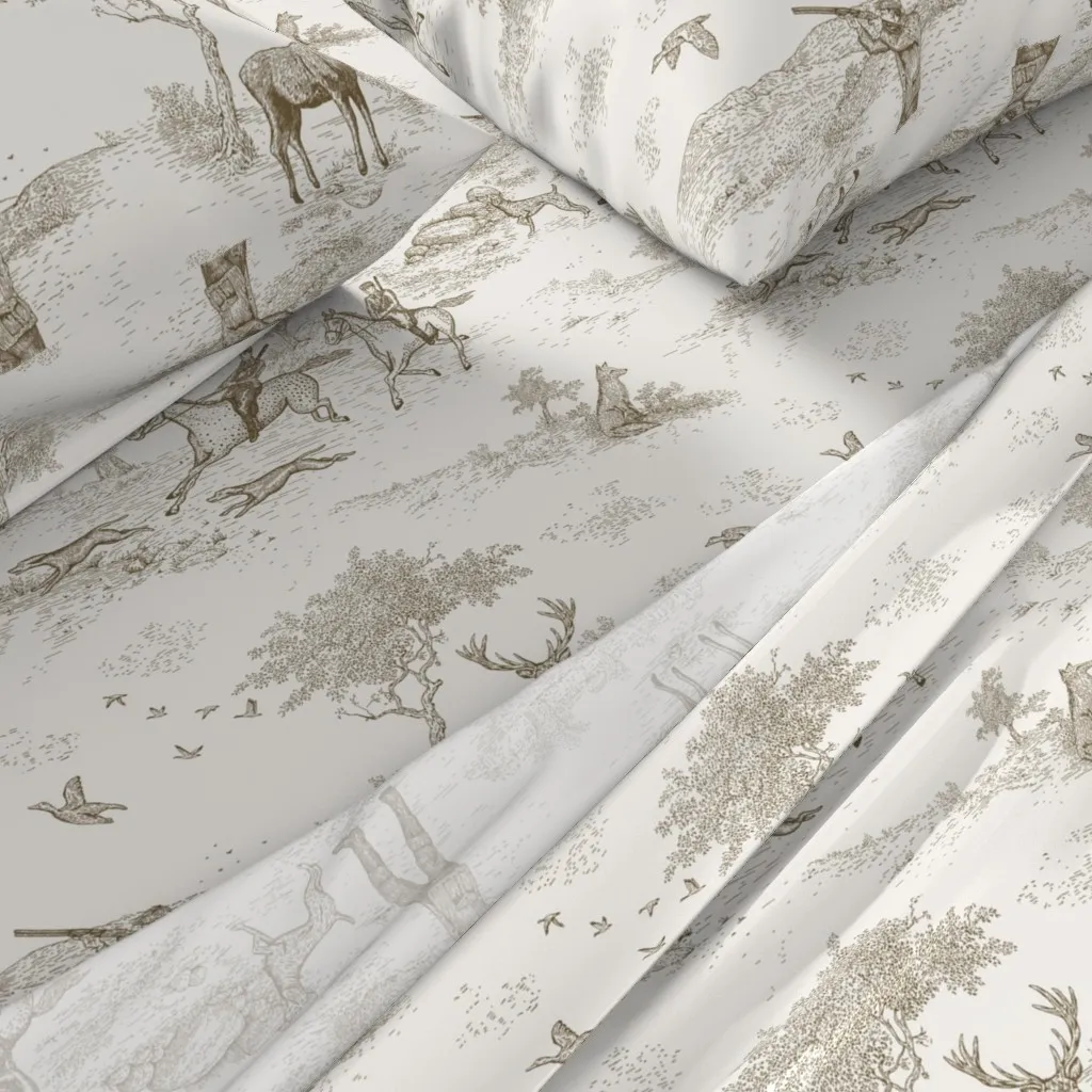 Vintage Autumn Countryside Hunt Toile De Jouy Queen Sheet Set - Beige alternate view
