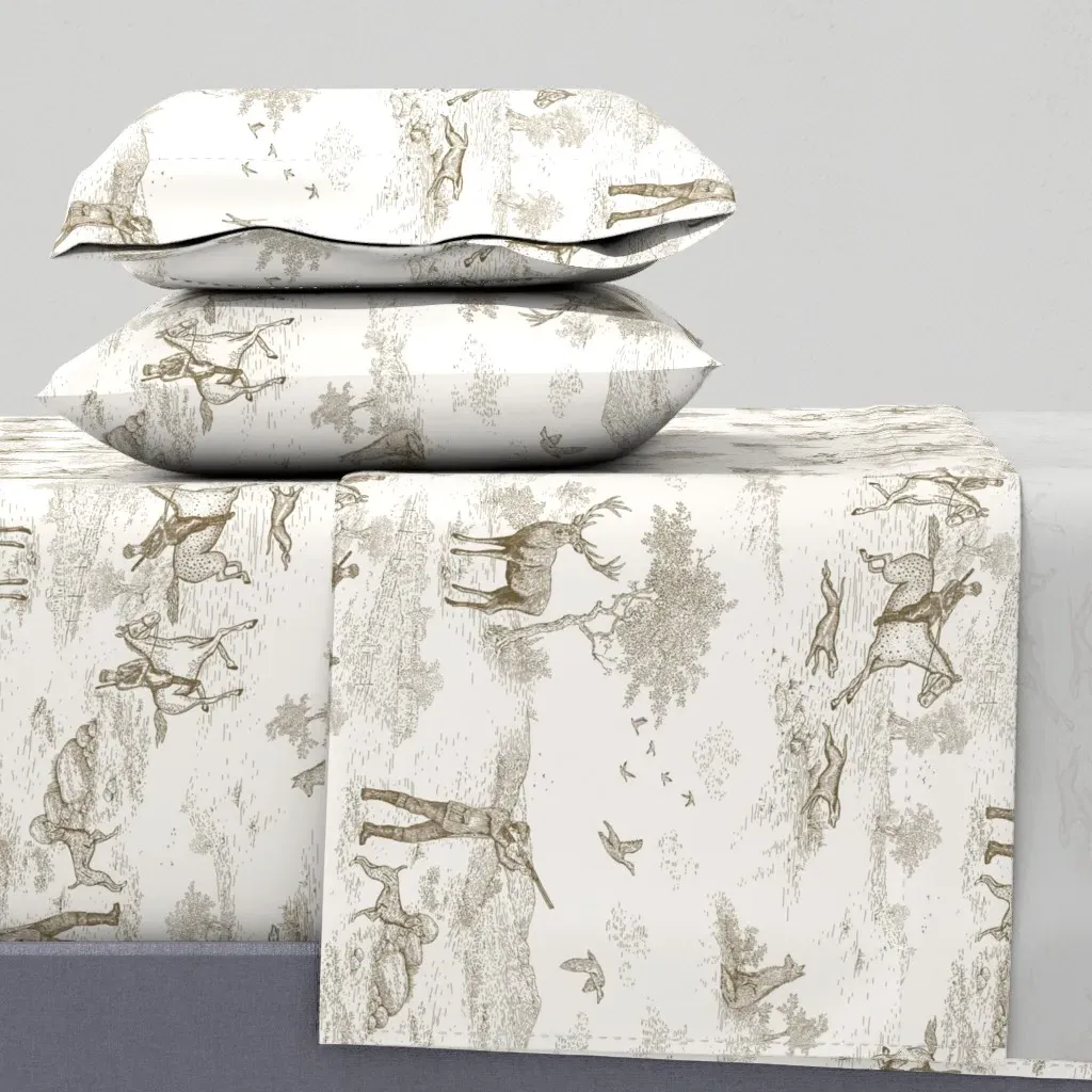 Vintage Autumn Countryside Hunt Toile De Jouy Queen Sheet Set - Beige product
