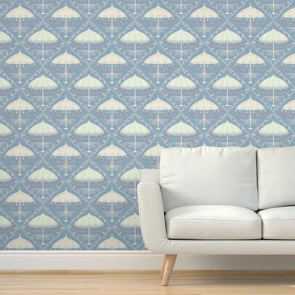 Vintage Beach Umbrellas Peel and Stick Wallpaper - Light Blue product