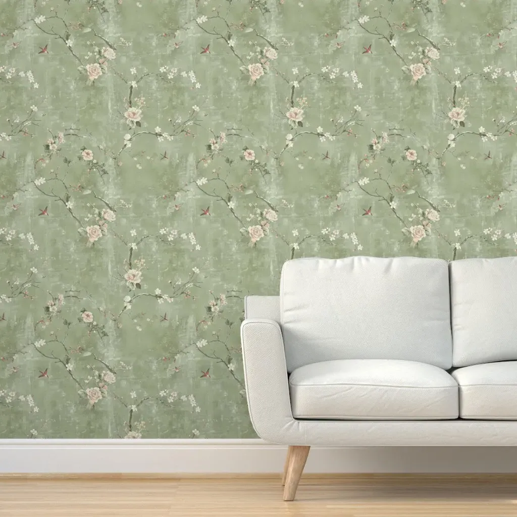 Vintage Birds Cottage Peel and Stick Wallpaper - Sage Green product