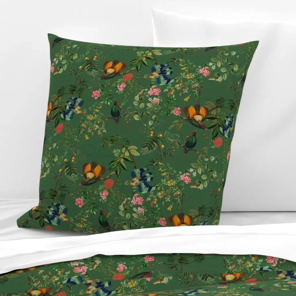 Vintage Birds of Paradise Tropical Euro Pillow Sham - Emerald Green product