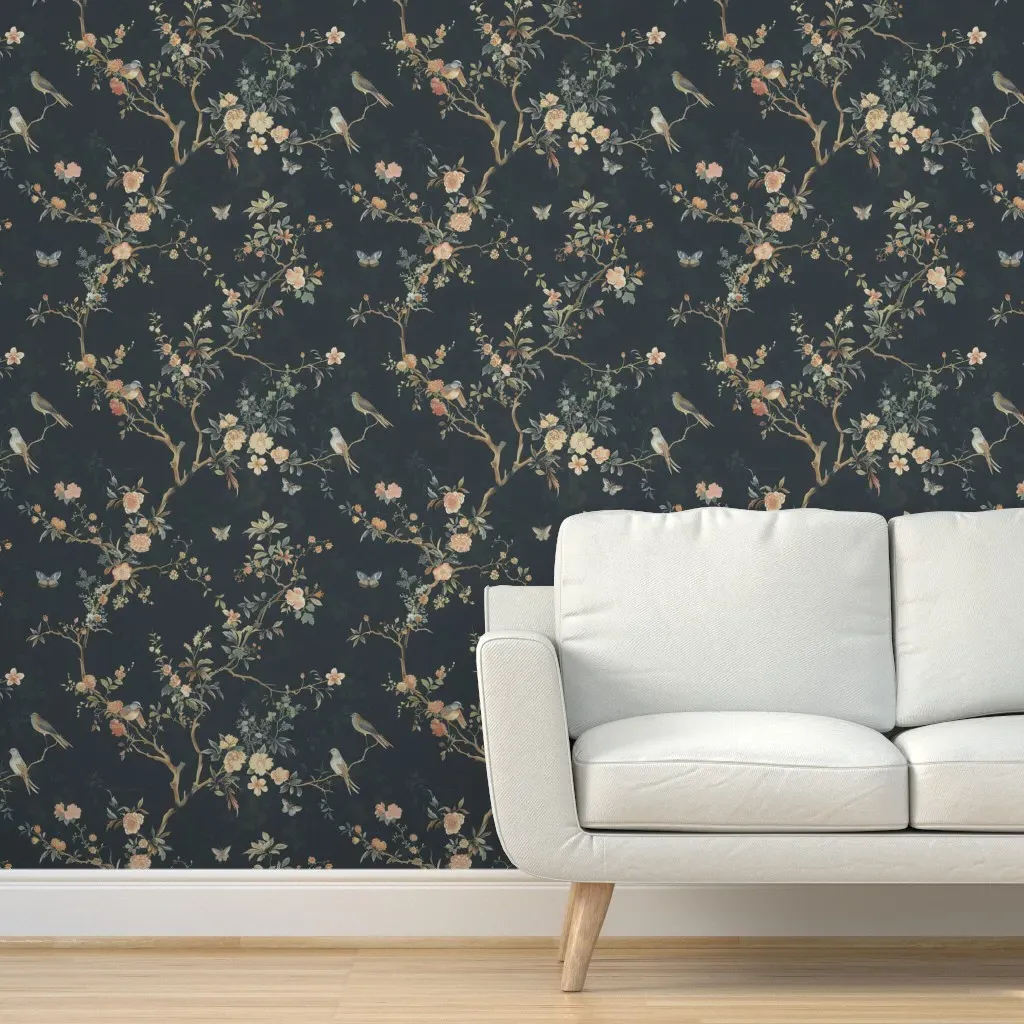 Vintage Birds Peel and Stick Wallpaper - Dark Teal, Linen product