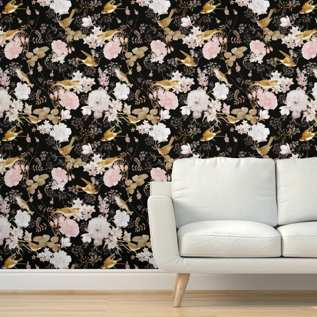Vintage Birds & White Roses Peel and Stick Wallpaper - Blush Pink product