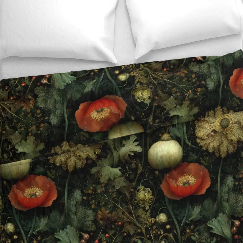 Vintage Botanical Poppy Garden Duvet Cover - Green alternate view