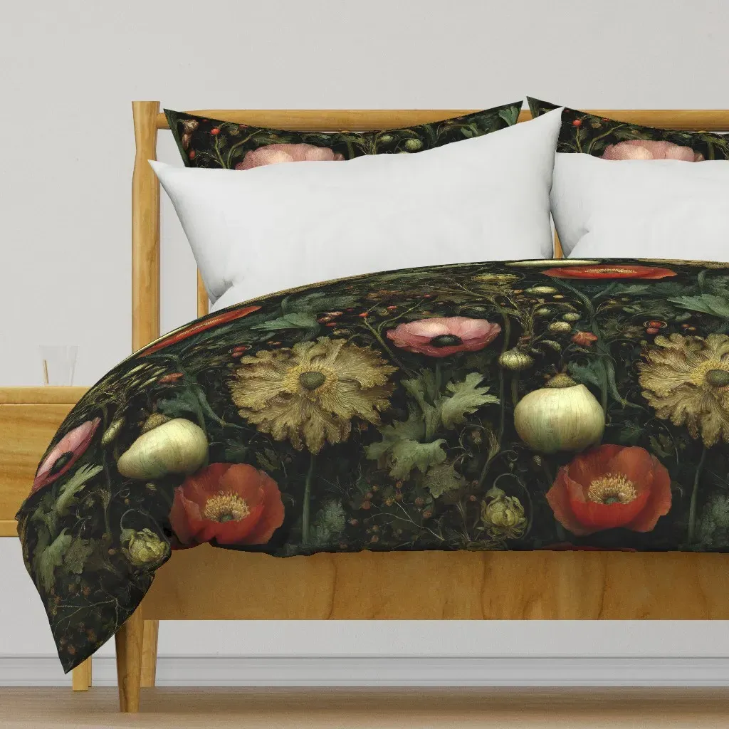 Vintage Botanical Poppy Garden Duvet Cover - Green product