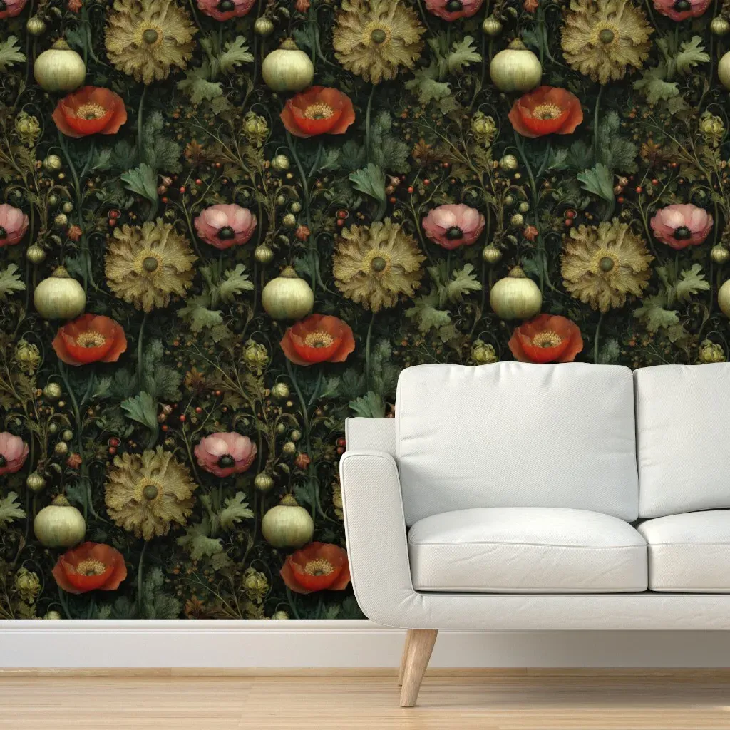 Vintage Botanical Poppy Garden Peel and Stick Wallpaper - Green, Gold product