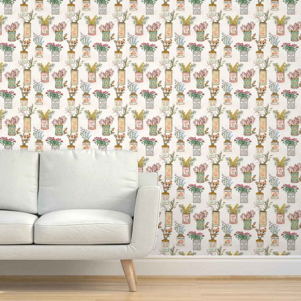 Vintage Can Vases Small Scale Peel and Stick Wallpaper - Off-White product