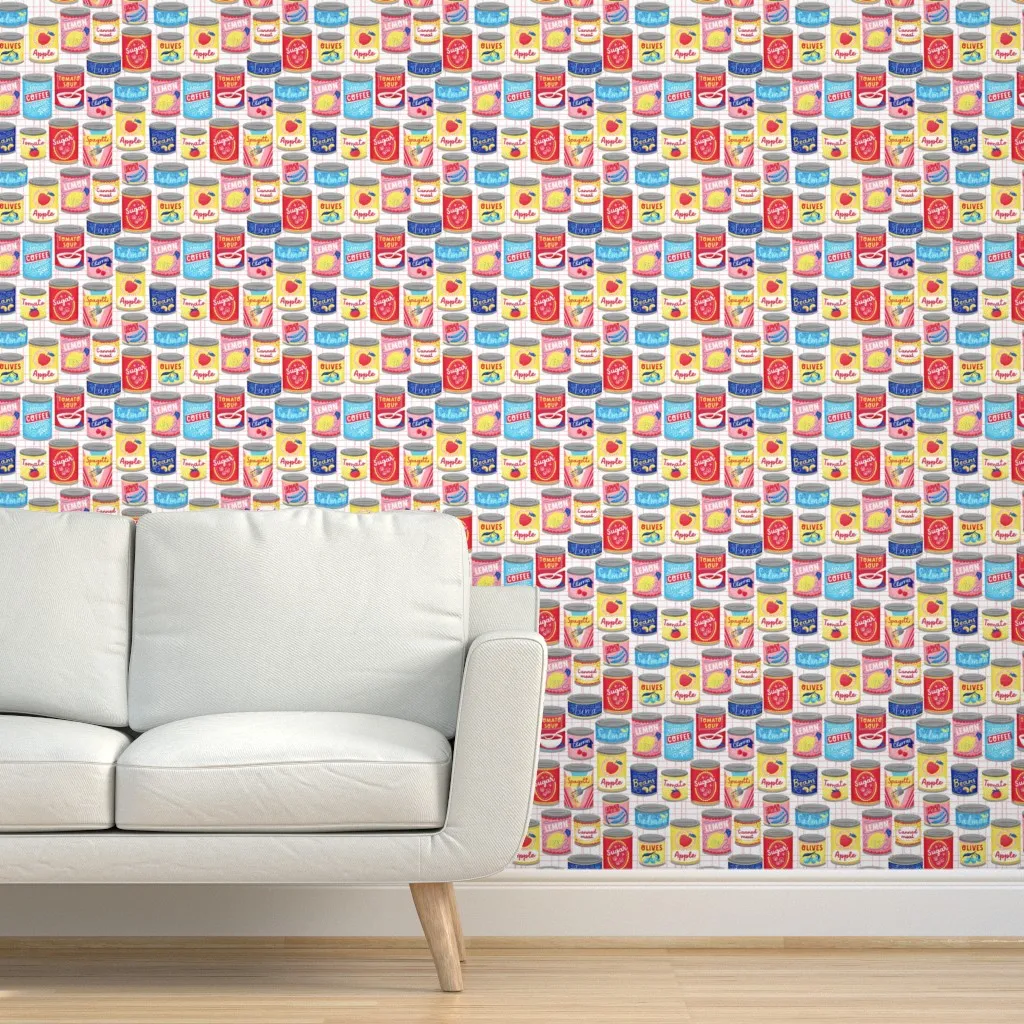 Vintage Canned Goods Peel and Stick Wallpaper - Red, Blue product