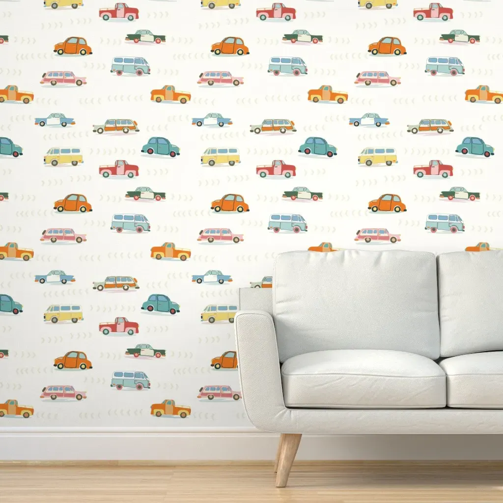 Vintage Cars Retro Vehicles Peel and Stick Wallpaper - Off-White product
