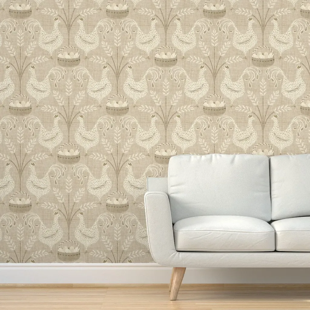Vintage Chickens on Linen Peel and Stick Wallpaper - Beige product