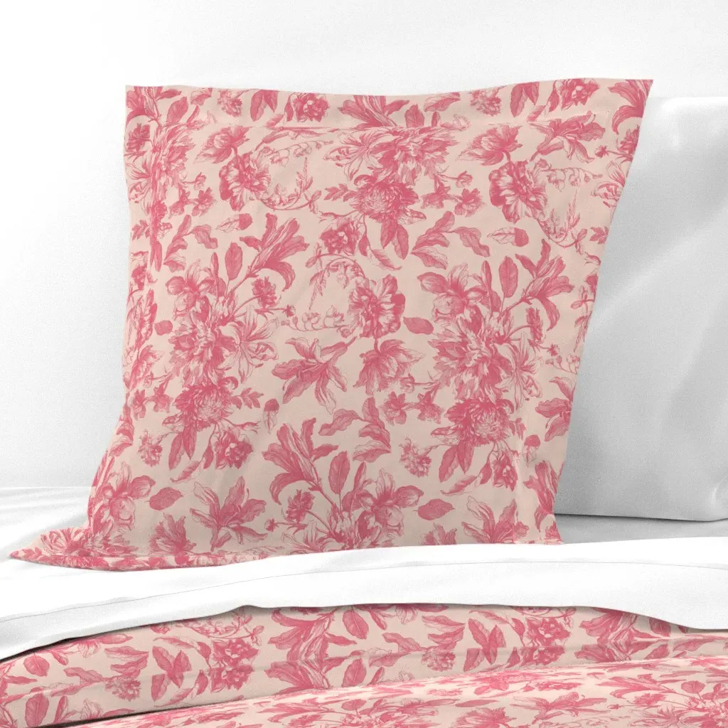 Vintage Chintz Engraving Roses Lilies Poppies Peonies Euro Pillow Sham - Pink product