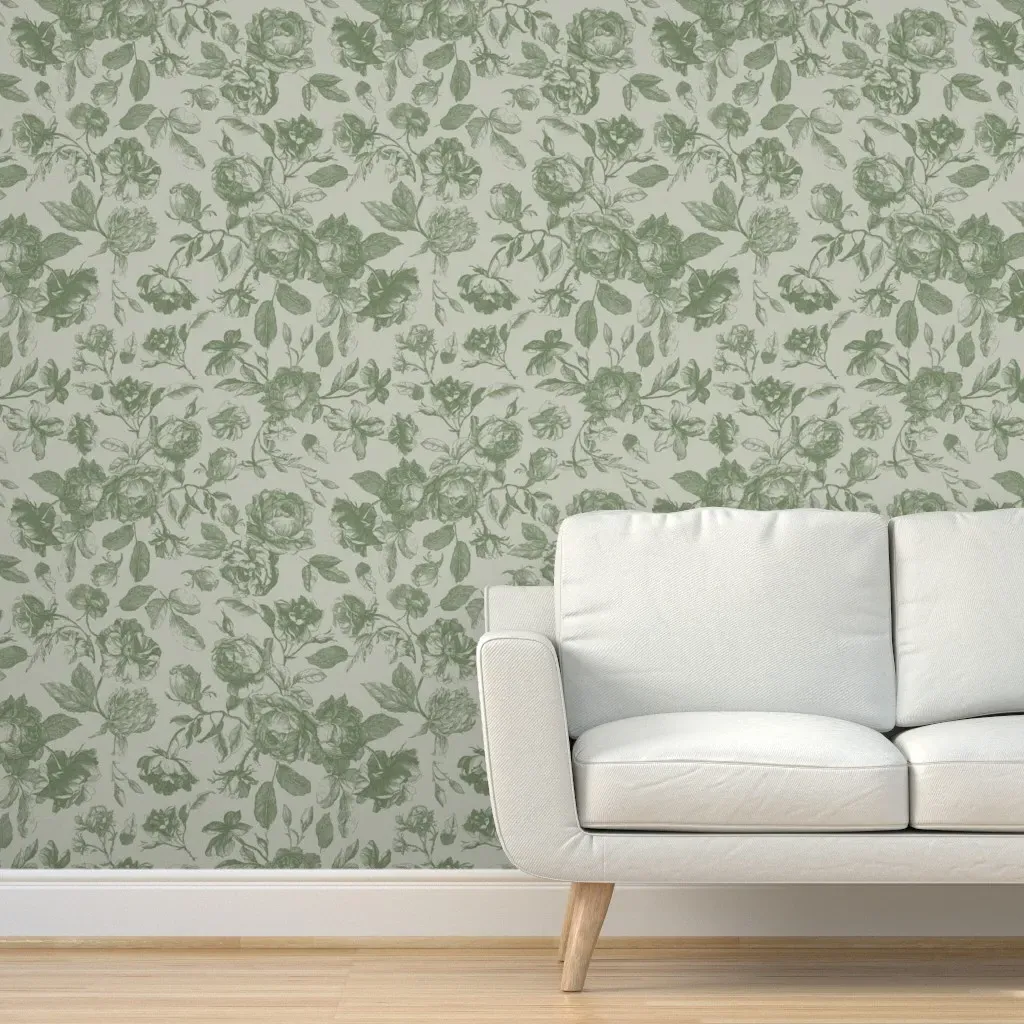 Vintage Chintz Engraving Roses Peel and Stick Wallpaper - Sage Green product