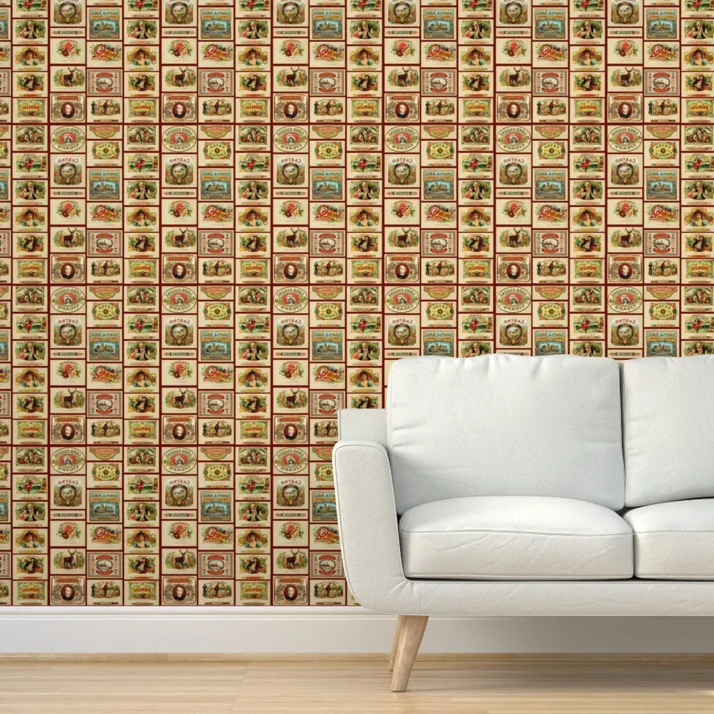 Vintage Cigar Box Labels Peel and Stick Wallpaper - Burgundy product