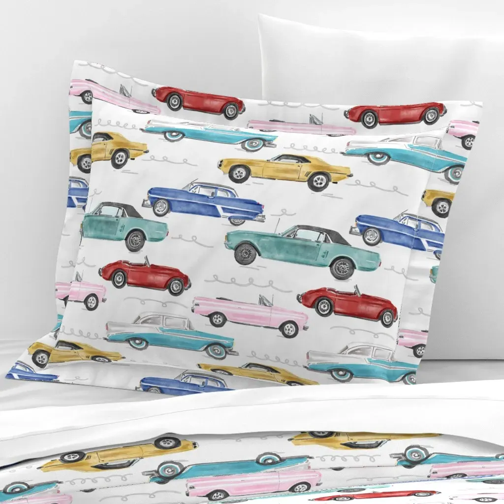 Vintage Classic Cars Standard Flanged Cushion Cover - Blue, Cotton product