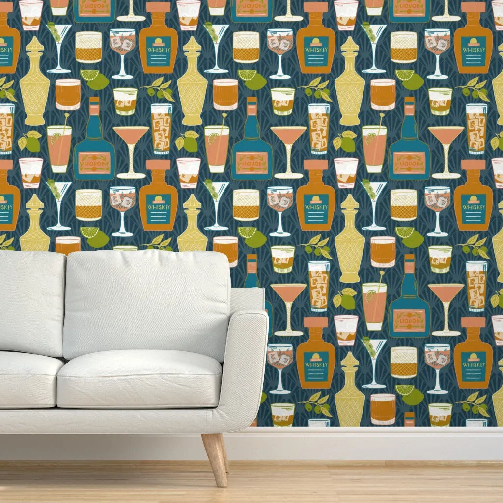 Vintage Cocktails Peel and Stick Wallpaper - Blue, Pink, Yellow product
