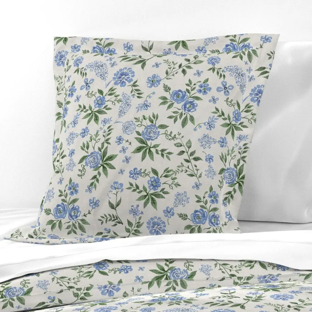 Vintage Cottagecore English Florals Euro Pillow Sham - Blue, Linen product