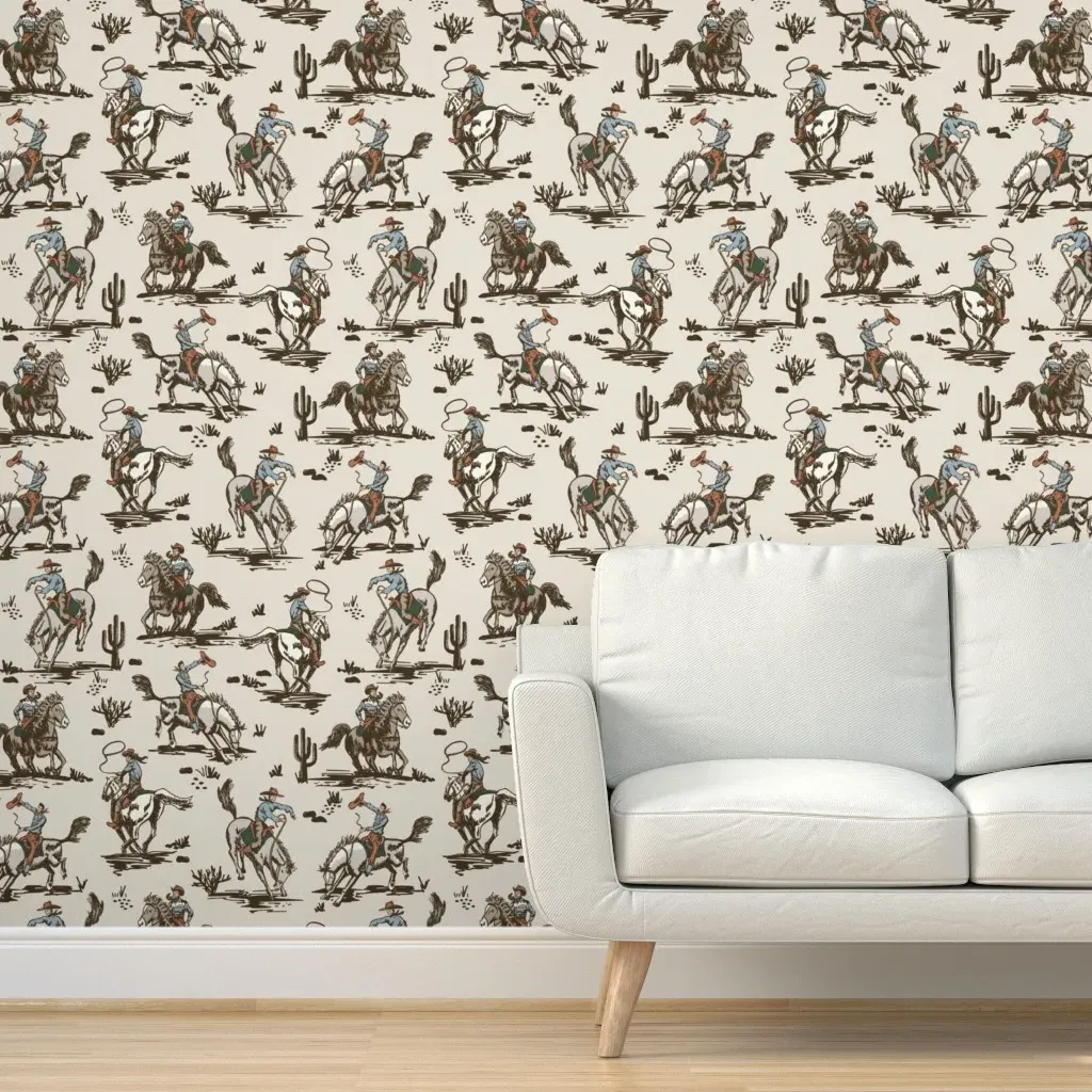 Vintage Cowboy Rodeo Toile Peel and Stick Wallpaper - Beige product