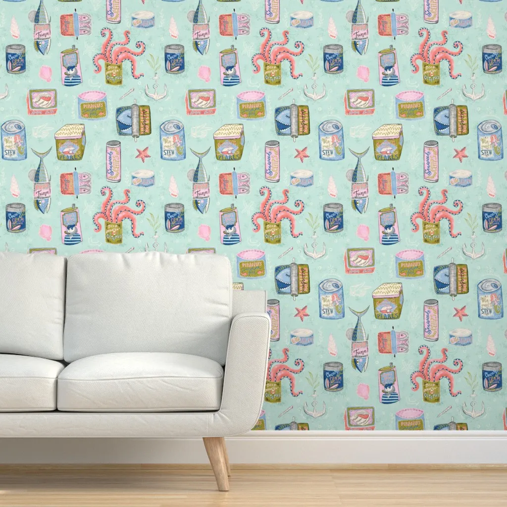 Vintage Delicious Seafood Peel and Stick Wallpaper - Aqua product
