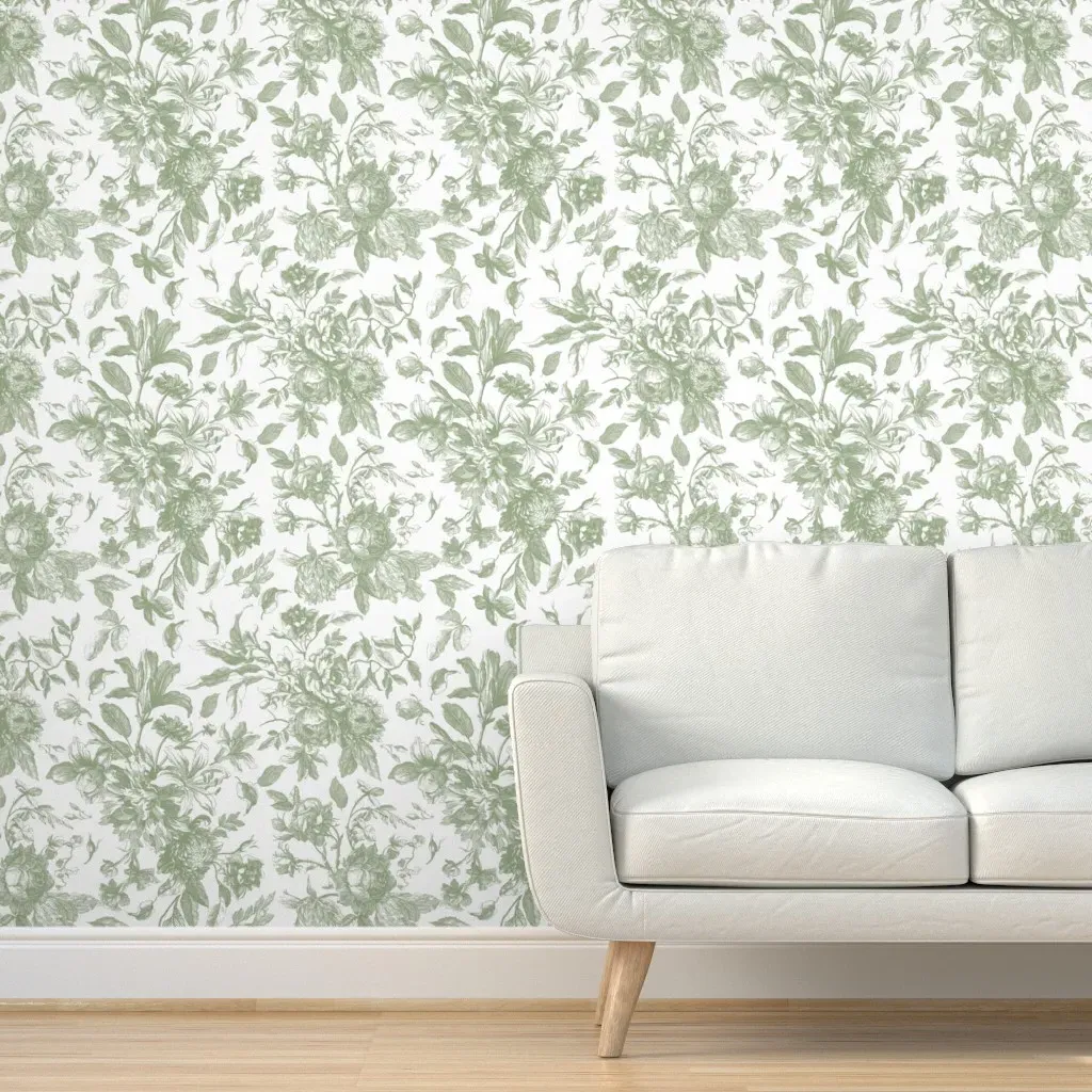 Vintage English Chintz Roses Peel and Stick Wallpaper - Sage Green product