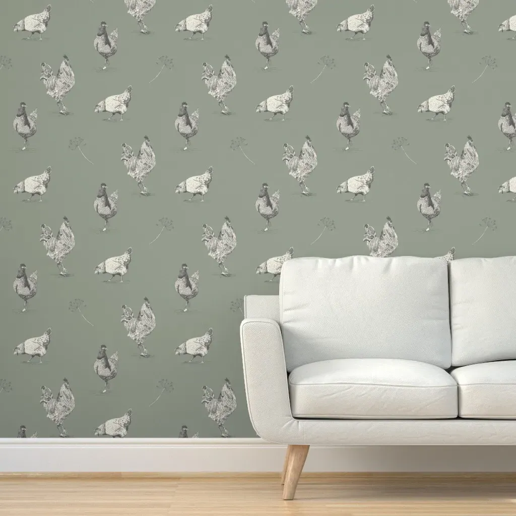 Vintage Farmhouse Chickens Peel and Stick Wallpaper - Sage Green product