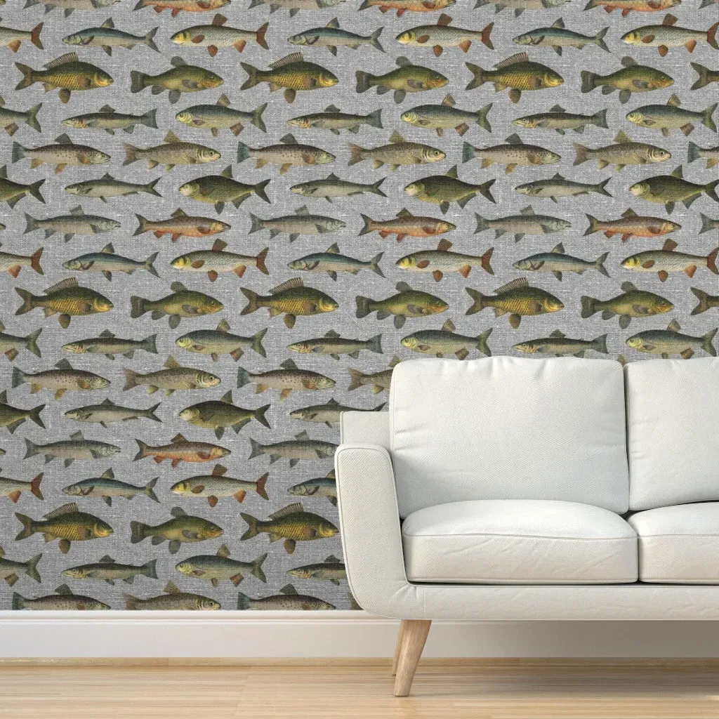 Vintage Fish Large Scale Peel and Stick Wallpaper - Grey Linen product