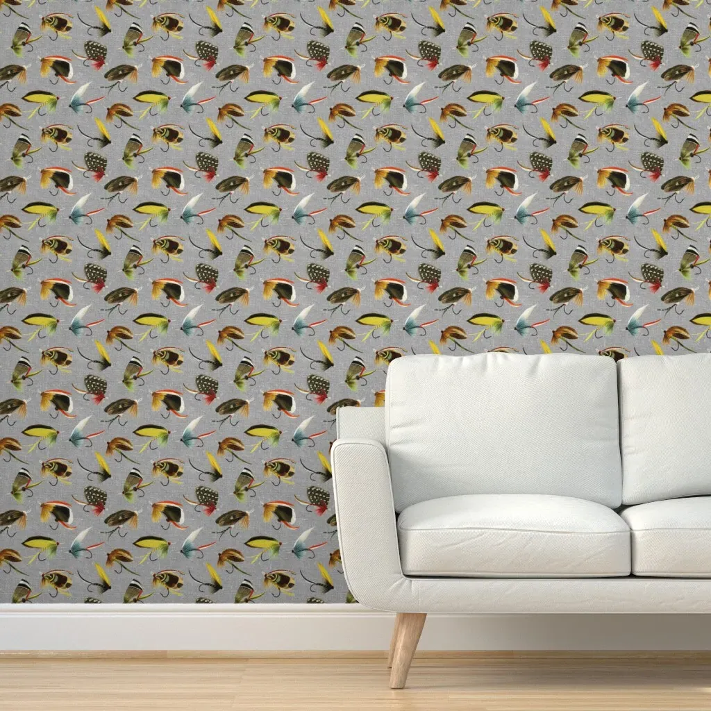 Vintage Fishing Flies Peel and Stick Wallpaper - Gray product