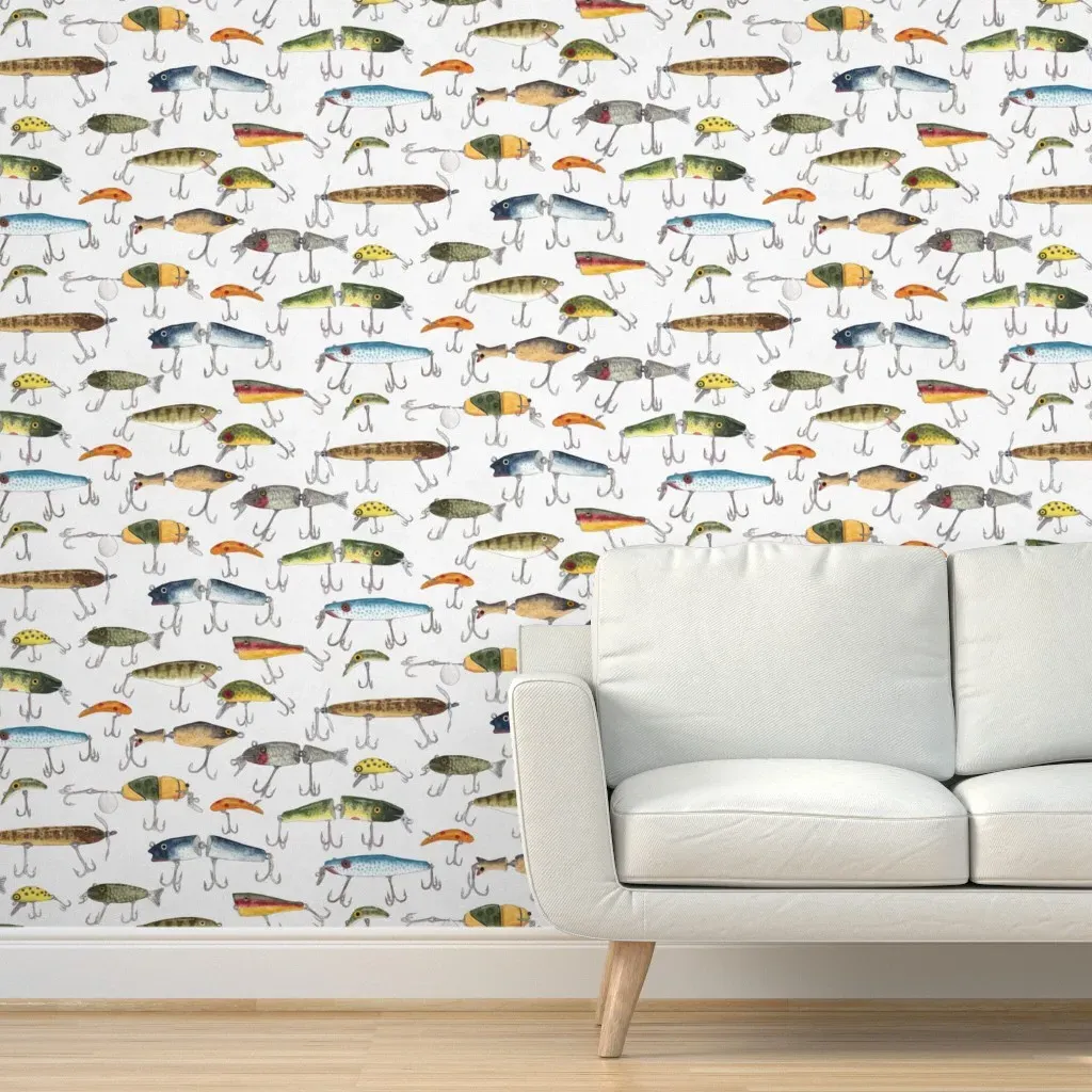 Vintage Fishing Lures Peel and Stick Wallpaper - Off-White product