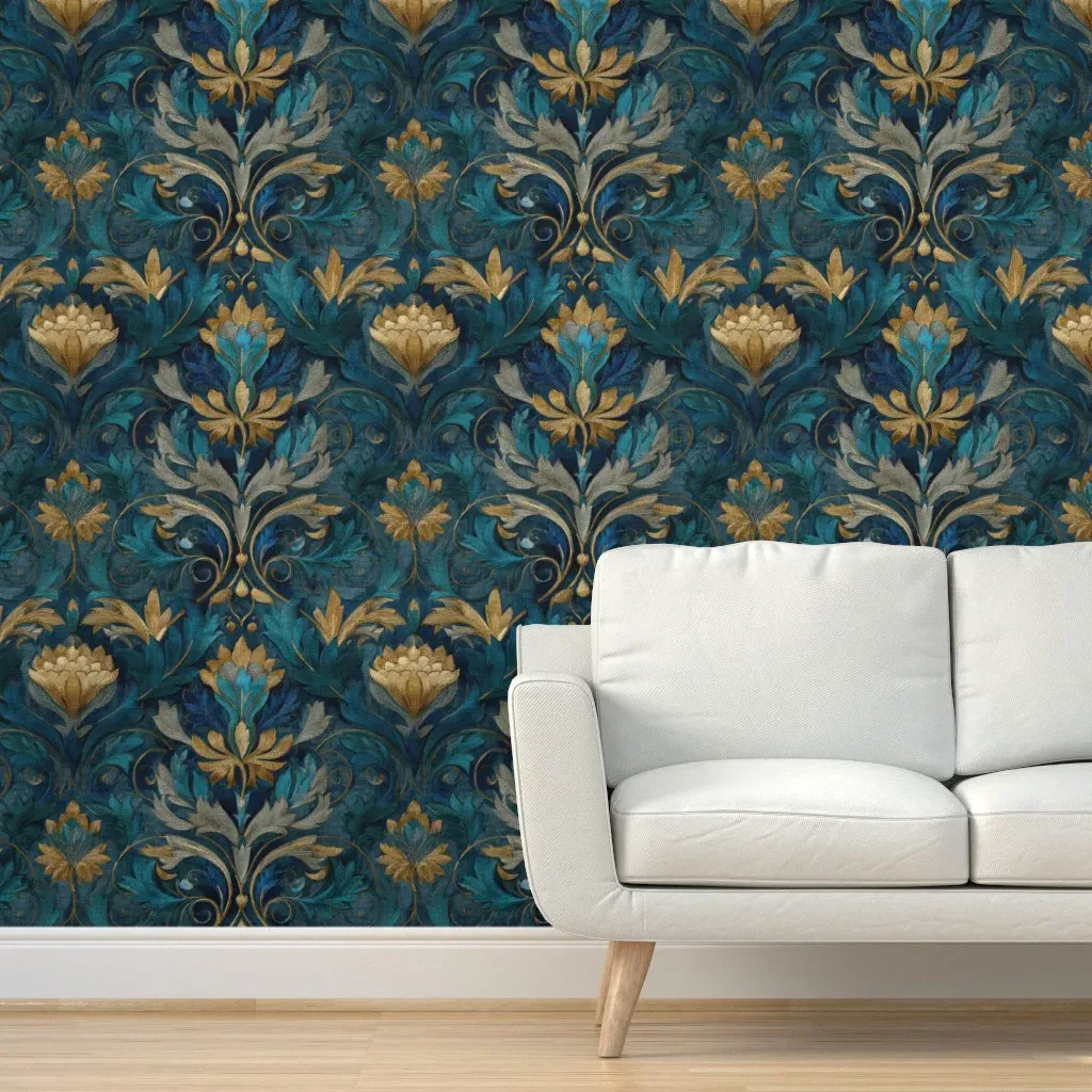 Vintage Floral Ornament Peel and Stick Wallpaper - Teal Blue product