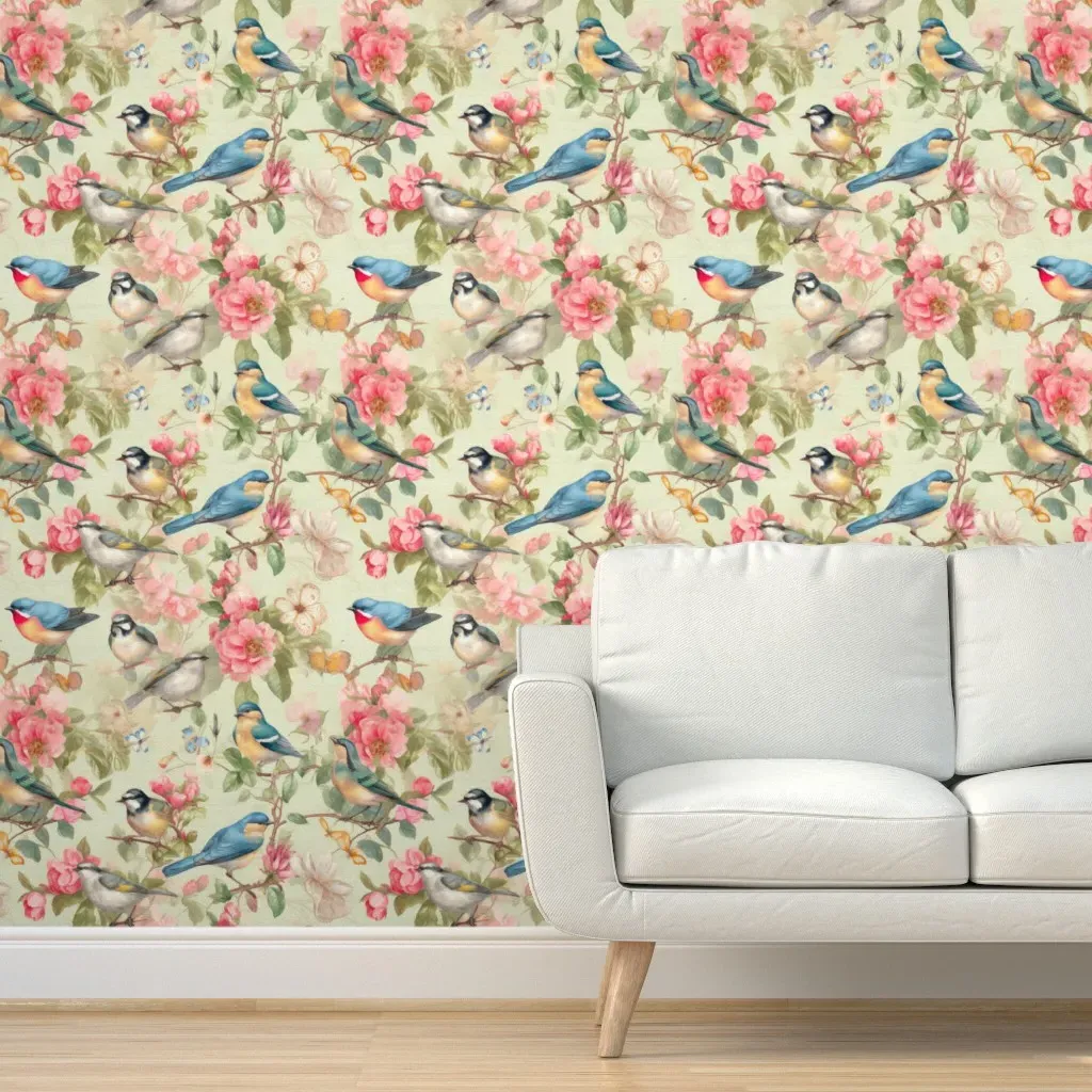 Vintage Flowers Birds Robin Apple Blossom Butterflies Peel and Stick Wallpaper - Pink product