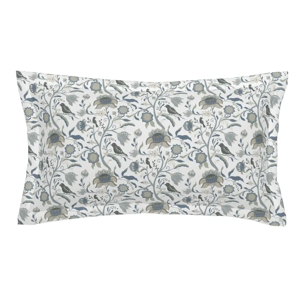 Vintage Folk Flowers With Birds King Pillow Sham - Blue-Gray product