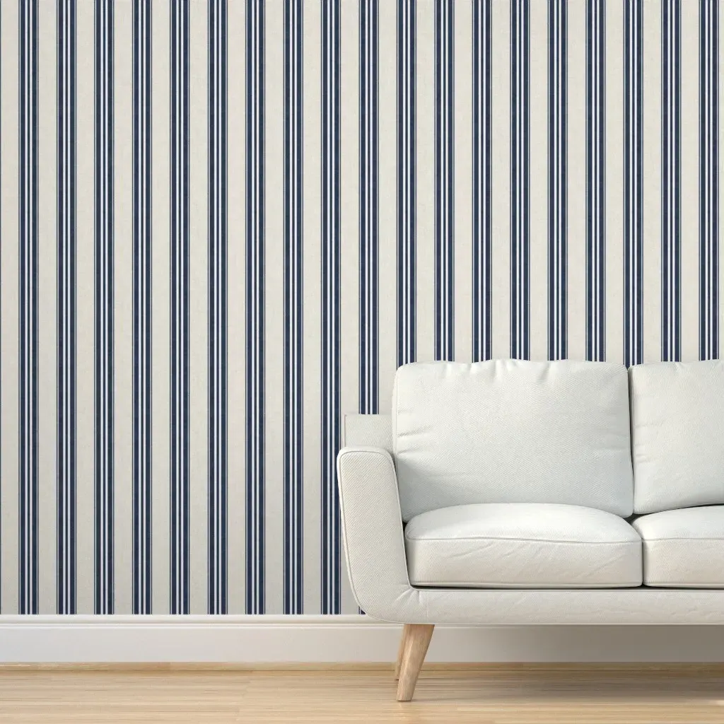 Vintage French Grain Sack Stripe Peel and Stick Wallpaper - Navy Blue, Linen product