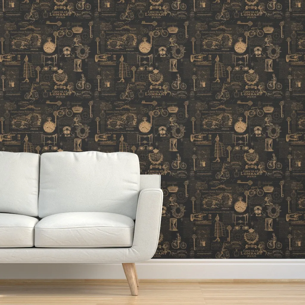 Vintage French Script Peel and Stick Wallpaper - Black, Gold product