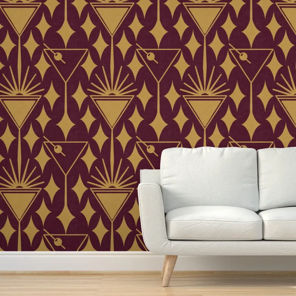 Vintage Glamour Martinis Stars Retro 1920s Gatsby Peel and Stick Wallpaper - Burgundy product