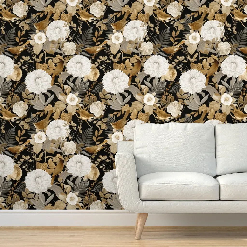 Vintage Golden Summer Birds and White Roses Peel and Stick Wallpaper - White product