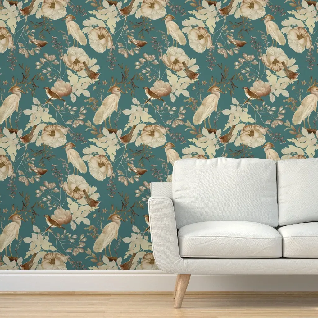Vintage Golden Summer Birds Cranes & White Roses Peel and Stick Wallpaper - Teal product