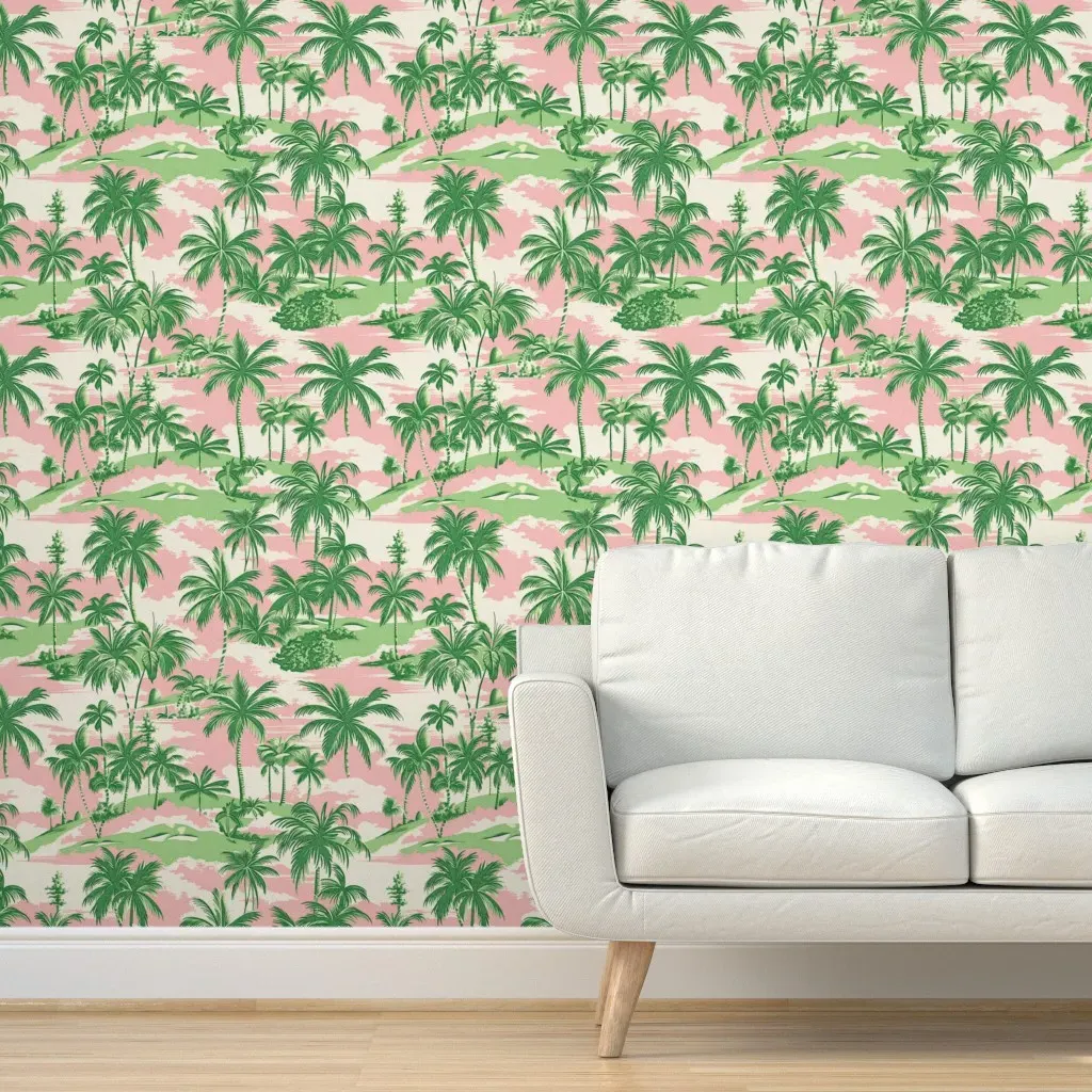 Vintage Golf Course & Palm Tree Peel and Stick Wallpaper - Pink product