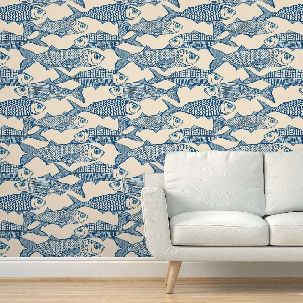 Vintage Hand-Drawn Fish Peel and Stick Wallpaper - Navy product