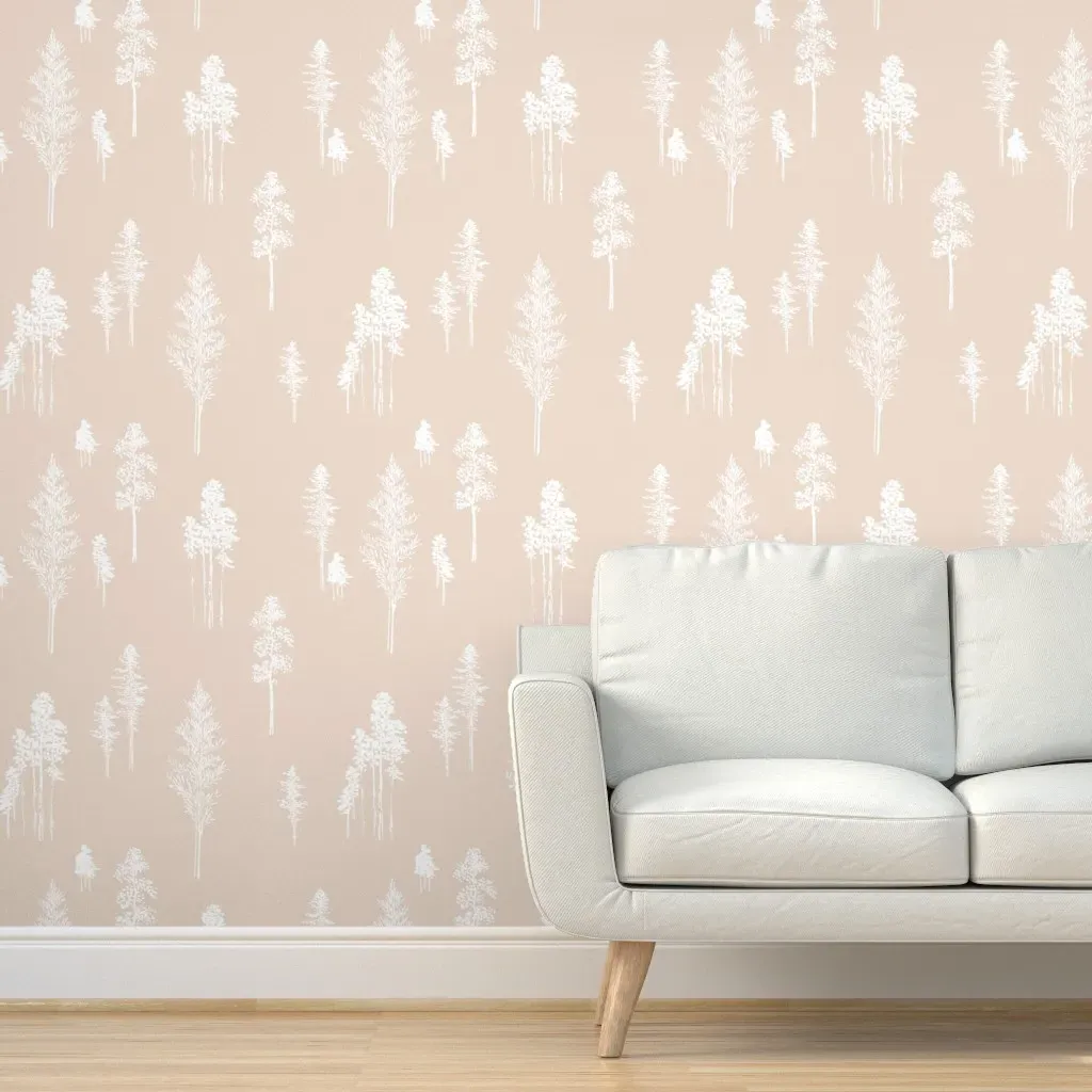 Vintage Hand-Drawn Inky Tree Doodles Peel and Stick Wallpaper - Tissue Pink product