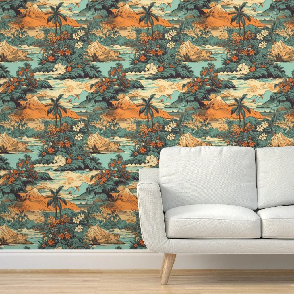 Vintage Hawaiian Landscape Peel and Stick Wallpaper - Teal product