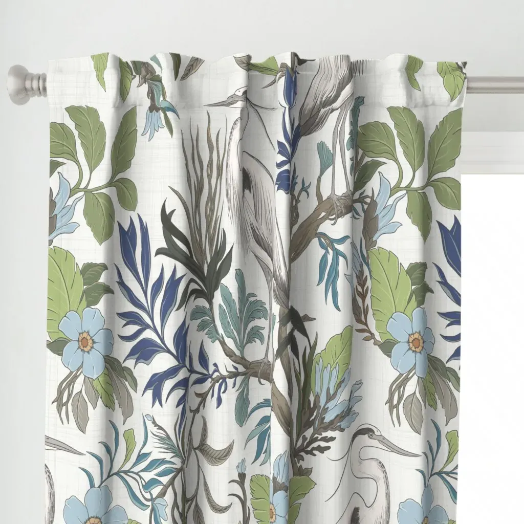 Vintage Herons Large Curtain Panel - Blue alternate view