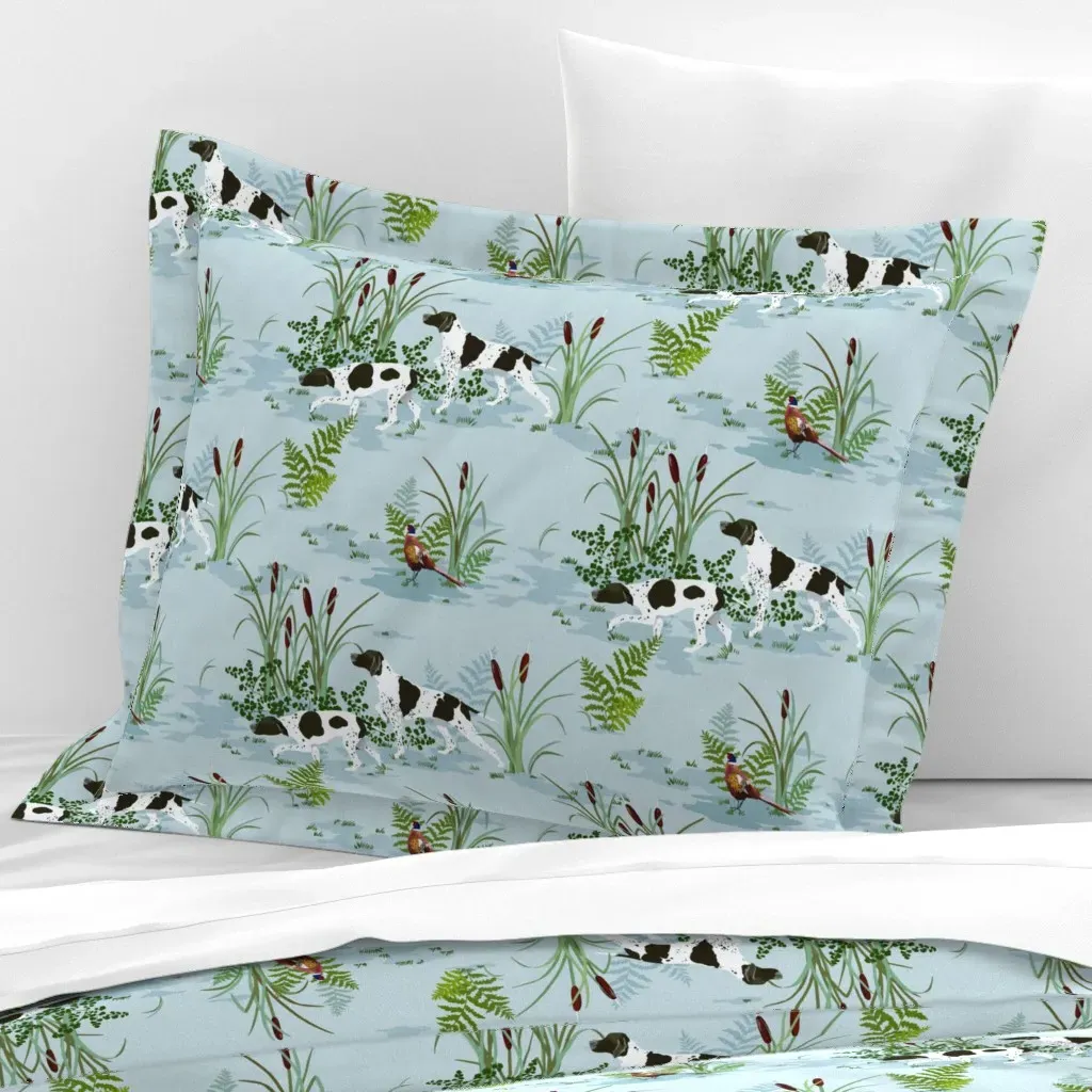 Vintage Hunting Dog Scene Standard Flanged Pillow Sham - Light Blue, Cotton Sateen product
