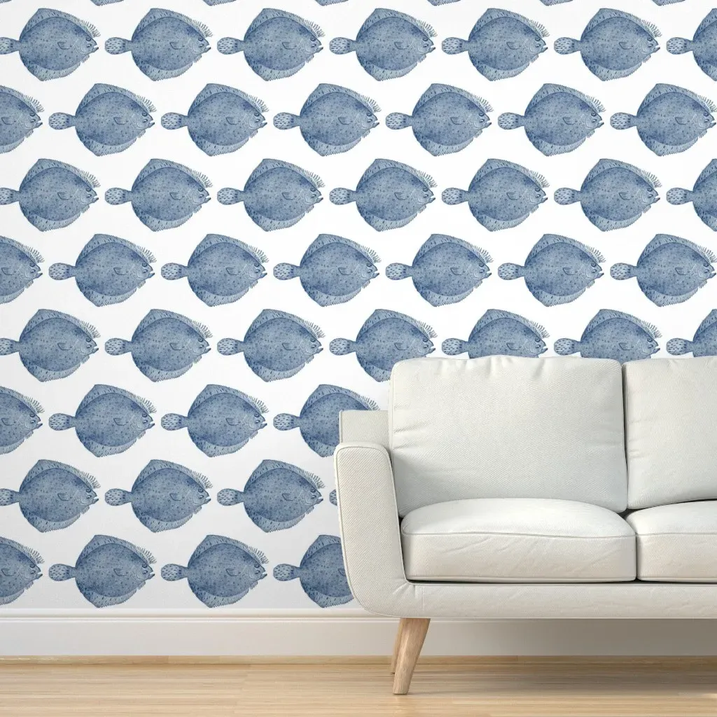 Vintage Illustration Flounder Fish Peel and Stick Wallpaper - White, Blue product