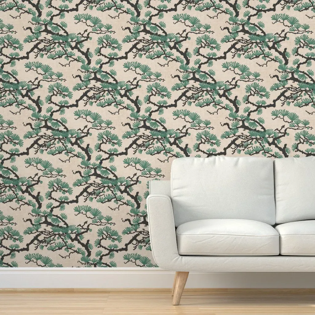 Vintage Japanese Pine Tree Peel and Stick Wallpaper - Teal product