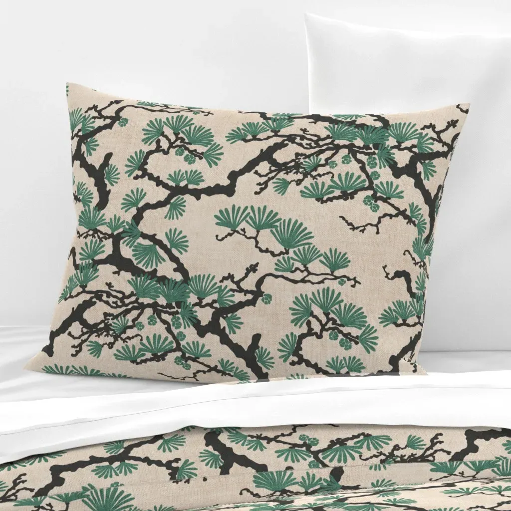 Vintage Japanese Pine Tree Standard Pillow Cover - Teal, Cotton Sateen product