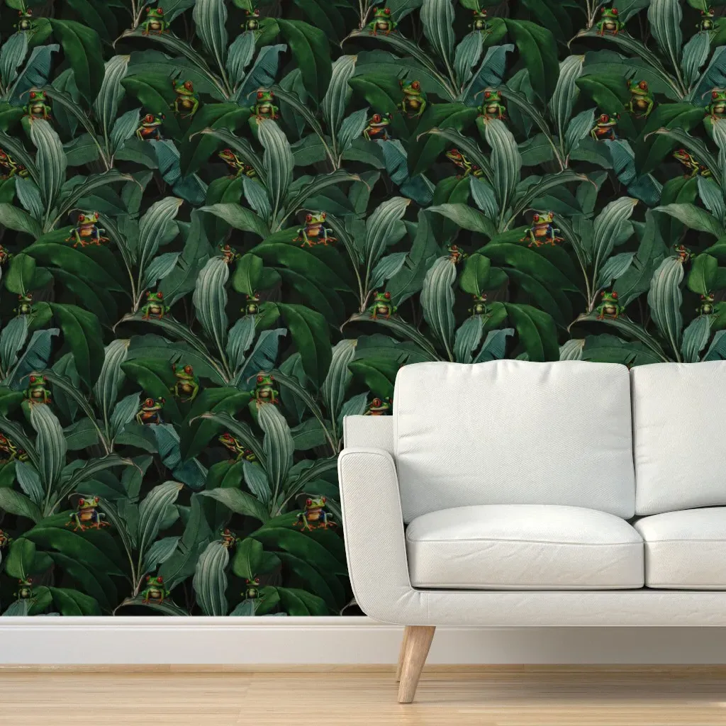 Vintage Jungle Wild Frogs Peel and Stick Wallpaper - Dark Green product