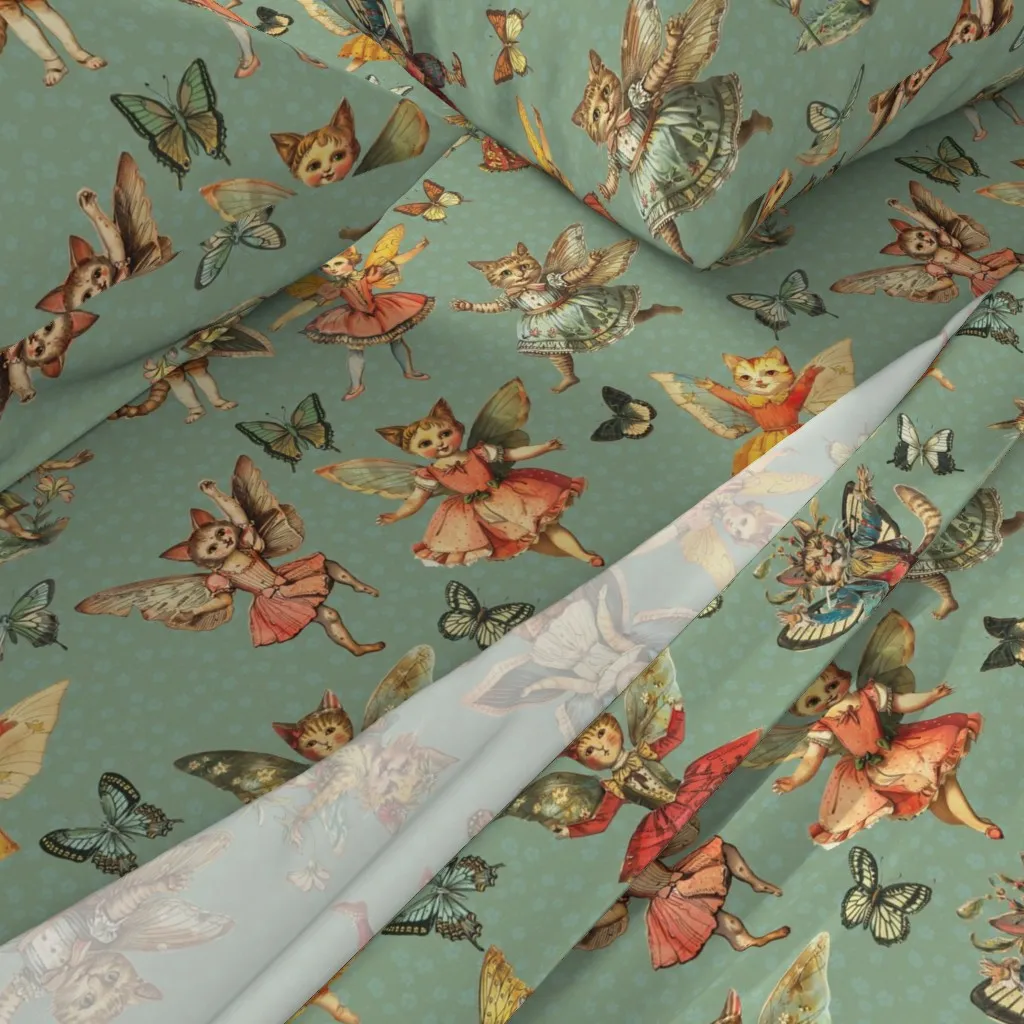 Vintage Kitty Cat Fairies Paper Doll King Sheet Set - Sage Green alternate view