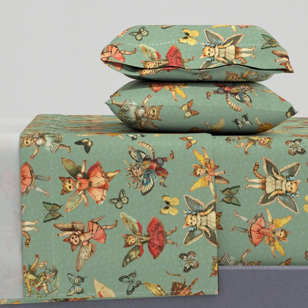 Vintage Kitty Cat Fairies Paper Doll King Sheet Set - Sage Green product