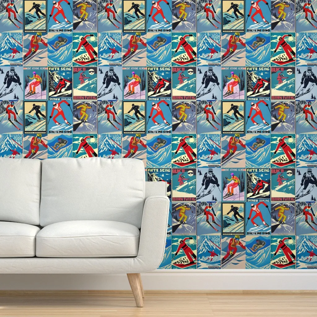 Vintage Men Ski Collage Peel and Stick Wallpaper - Blue product